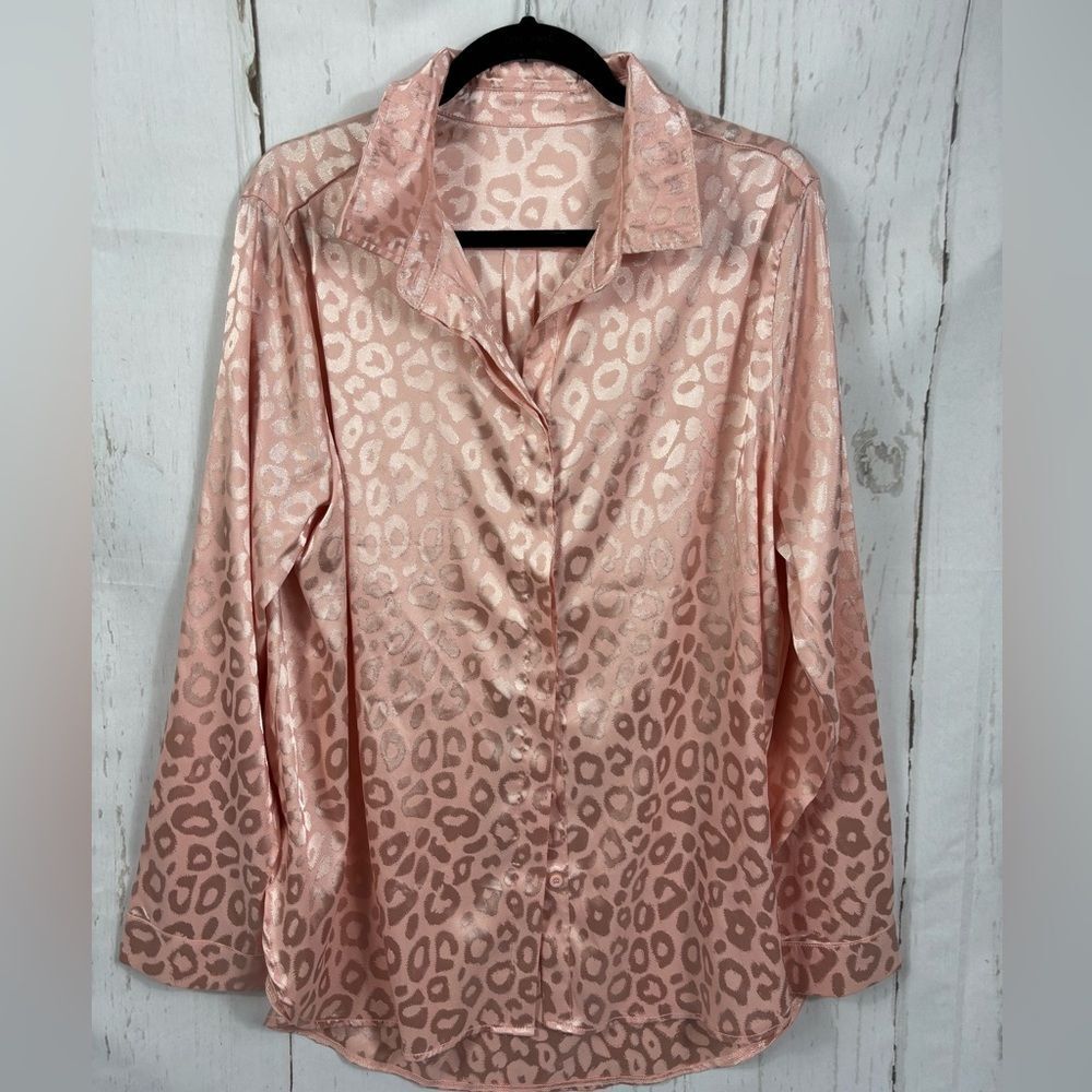 Pink Peach Leopard Women’s Button Down Shirt Long Sleeve Casual Work Loose